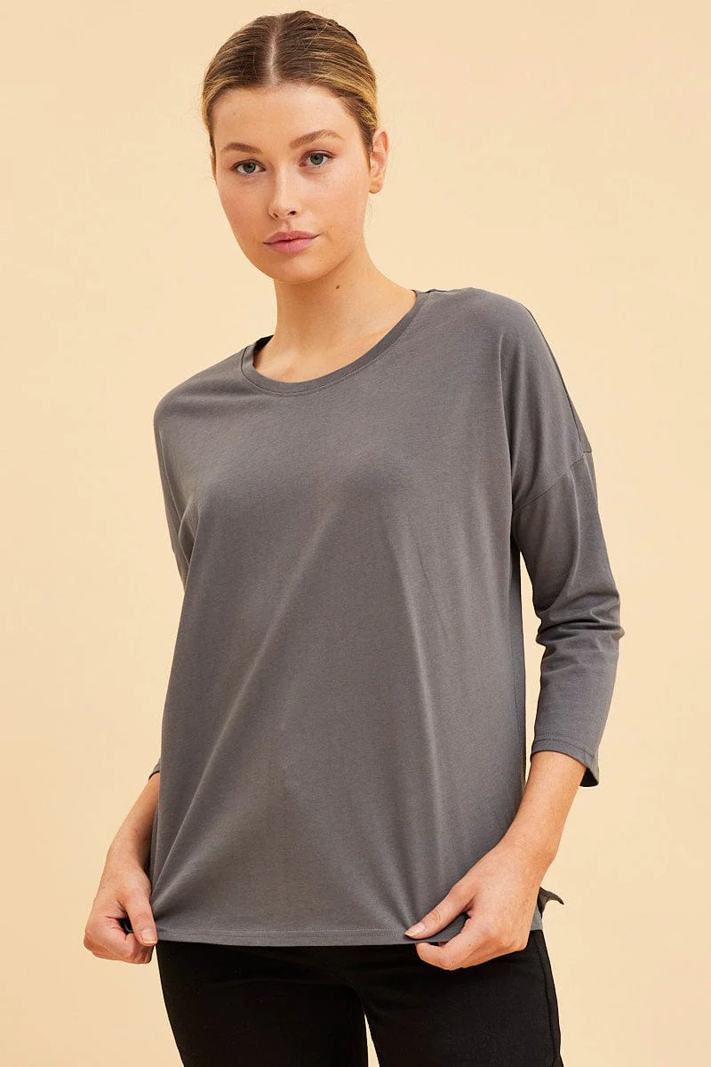 Grey Cotton Top 3/4 Sleeve Drop Shoulder Relaxed Fit