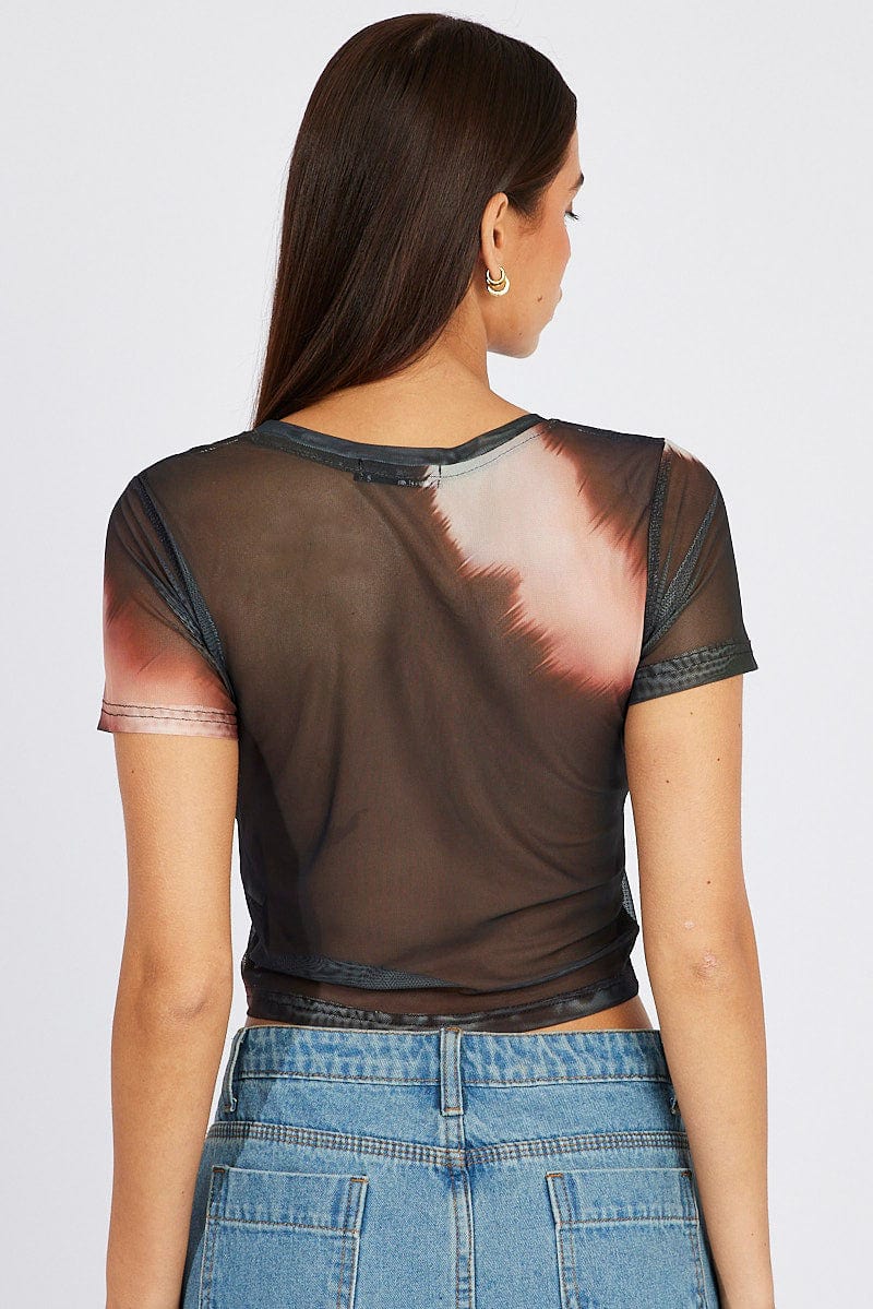 Brown Abstract Top Short Sleeve