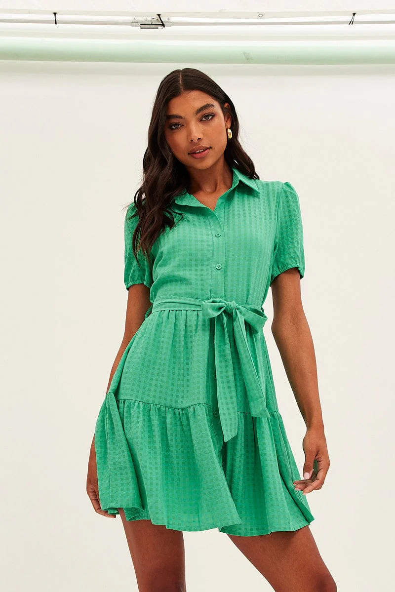 Green Tie Waist Puff Sleeve Mini Dress