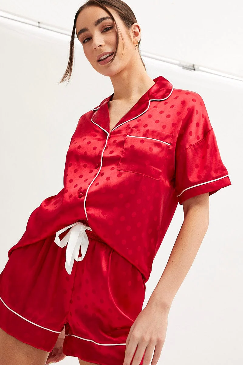 Red Polka Dot Pyjamas Set Short Sleeve Collared Shorts Satin
