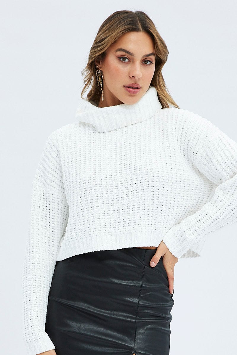 White Knit Jumper Turtle Neck Chenille