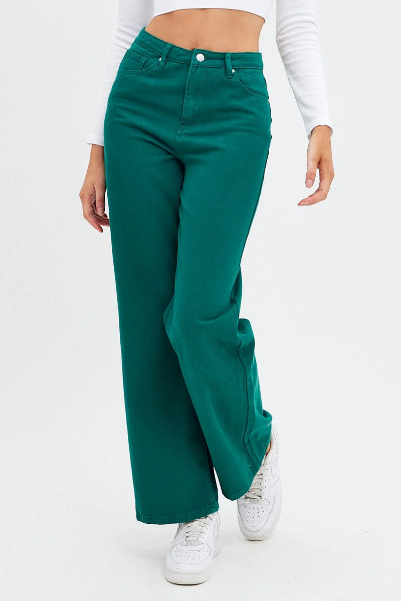Green Wide Leg Denim Jeans High rise
