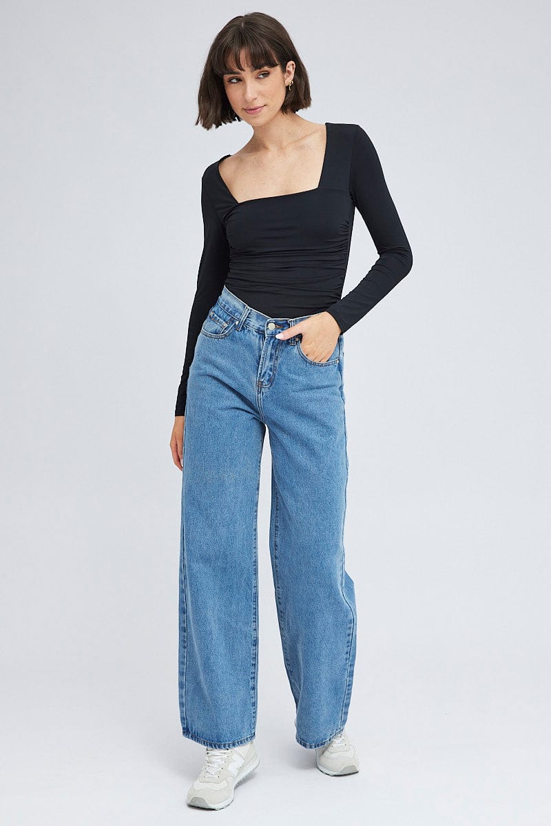 Black Bodysuit Long Sleeve Square Neck Ruched Nylon