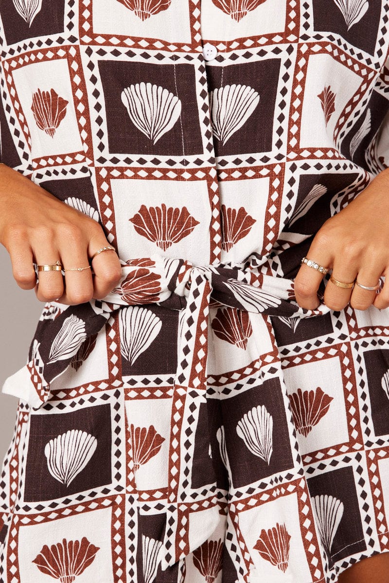 Brown Abstract Oversized Playsuit