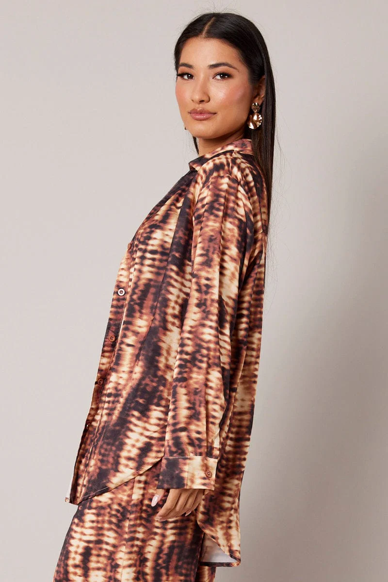 Brown Abstract Relaxed Shirt Long Sleeve Satin