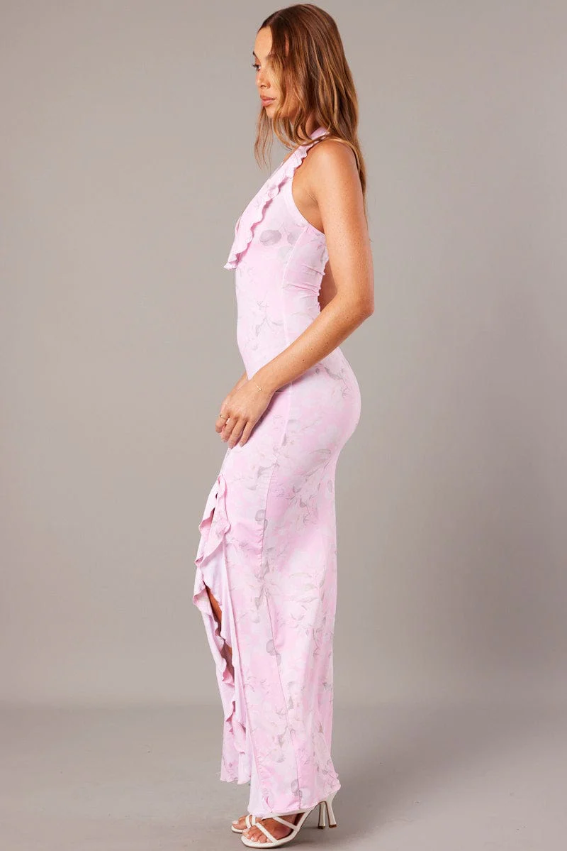 Pink Floral Ruffle Maxi Dress Halter Thigh Split Dress
