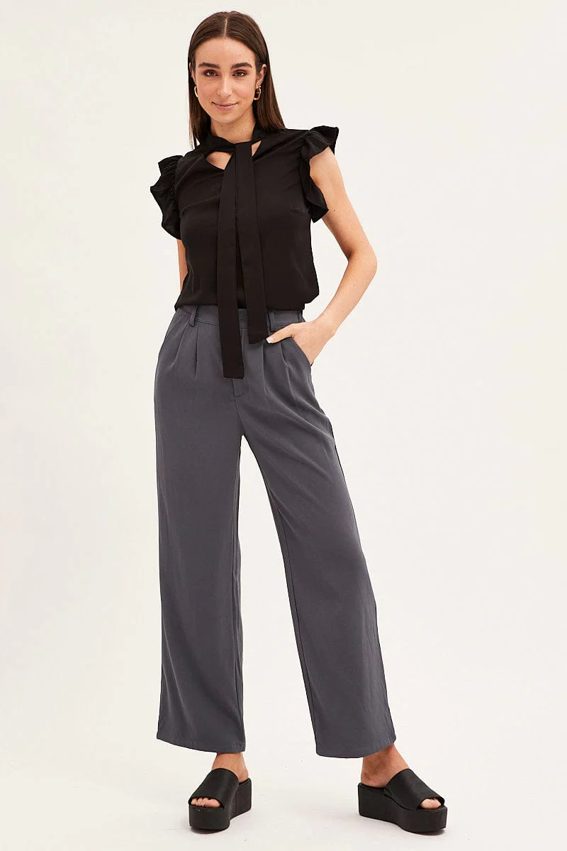 Black Tie Front Ruffle Sleeve Top