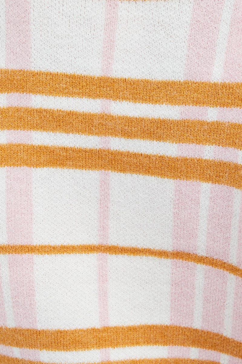 Check Knit Top Long Sleeve Round Neck