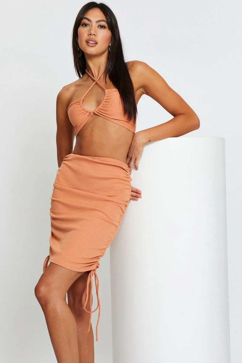 Brown Ribbed Ruched Drawstring Skirt