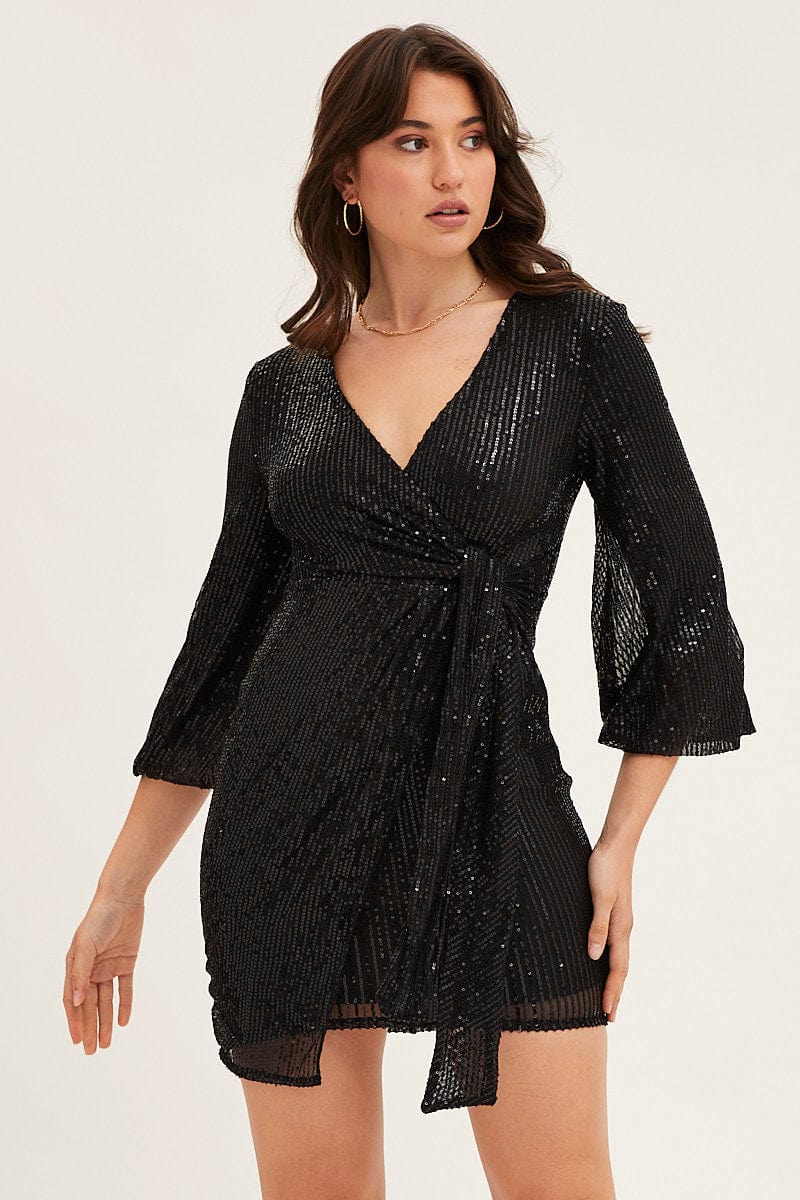 Black Sequin Ruffle Wrap Party Mini Dress