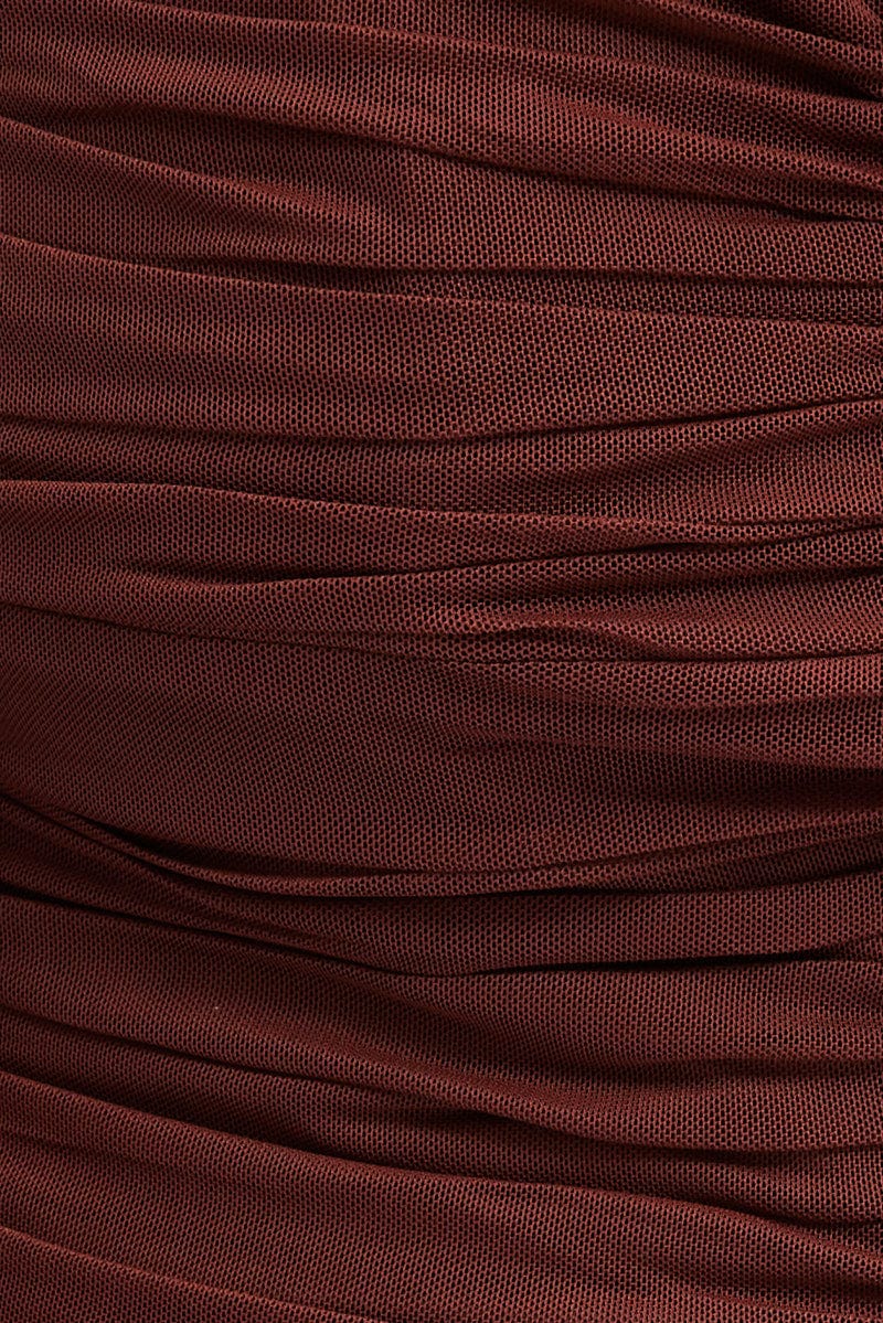 Brown Top Crop Long Sleeve Ruched Mesh