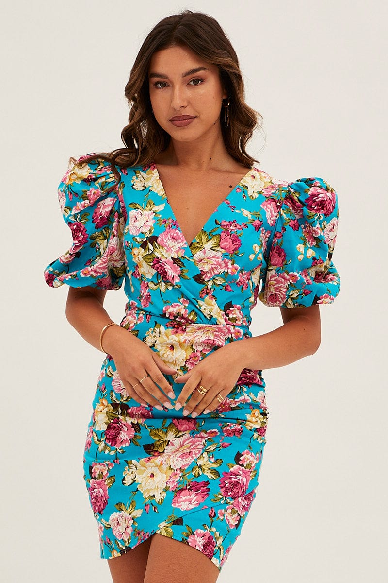 Green Floral Mini Dress Puff Sleeve V-Neck