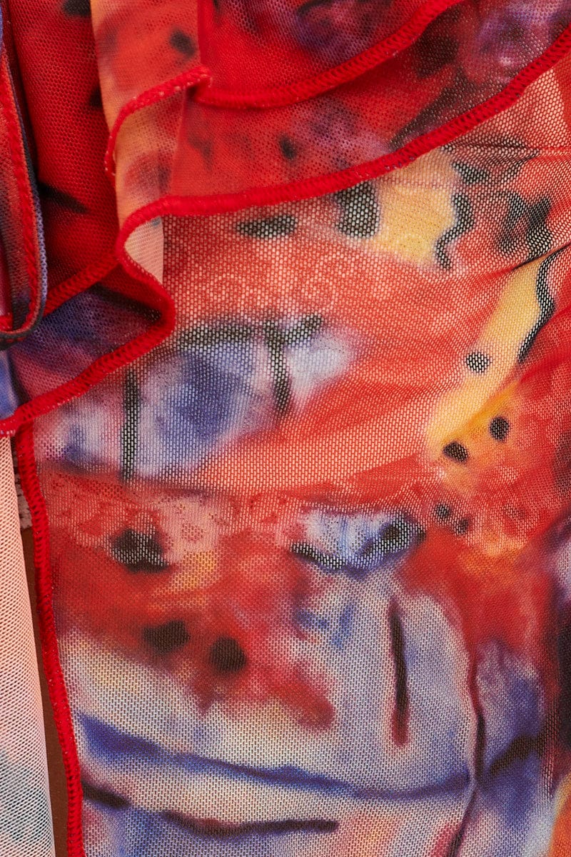 Pink Print Mesh Long Sleeve Crop Top