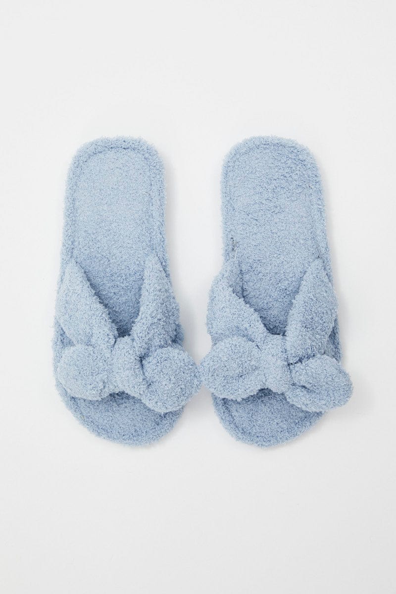 Blue Fluffy Bow Detail Slippers