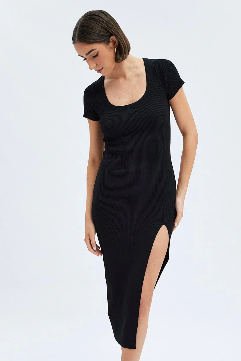 Black Knit Dress Short Sleeve Bodycon Midi