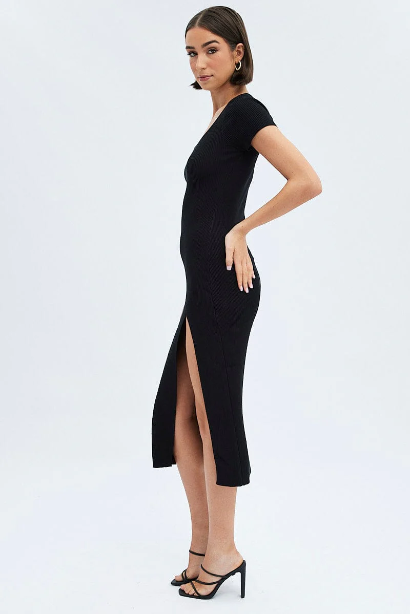 Black Knit Dress Short Sleeve Bodycon Midi