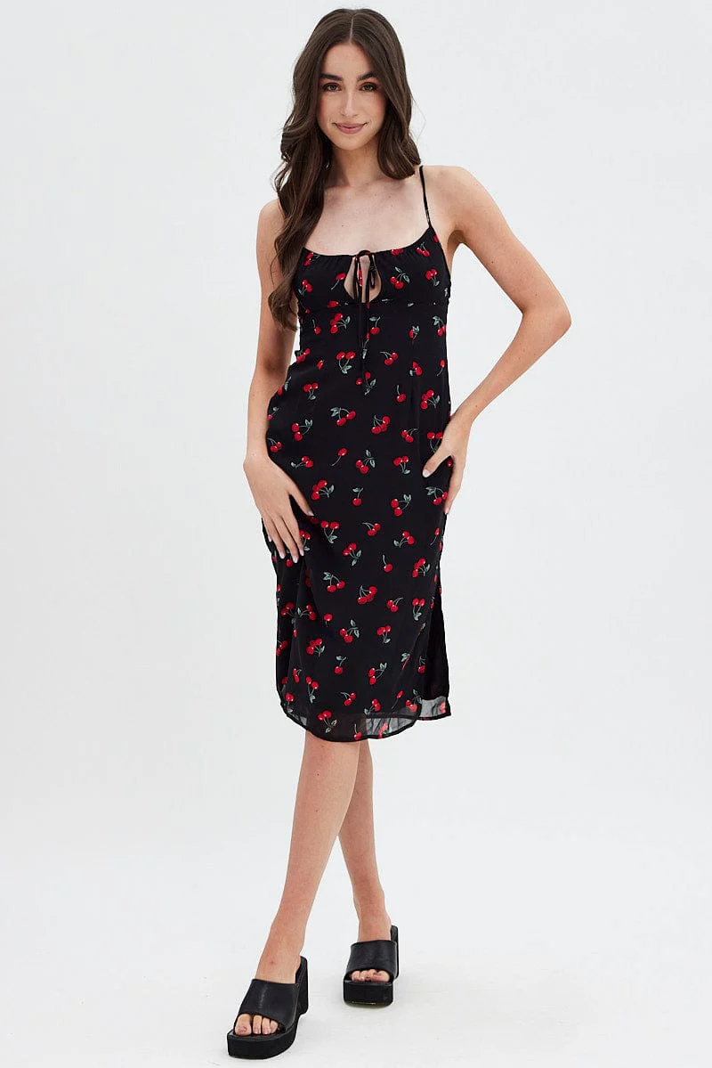 Red Floral Midi Dress Grunge Floral Print