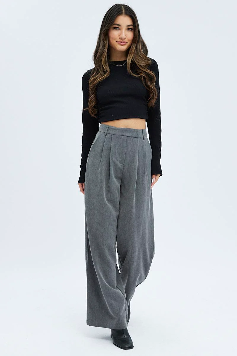 Grey Wide Leg Pants Turn Down Waist Low Rise