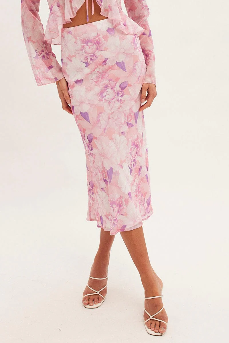 Pink Floral Midi Skirt Floral Printed Chiffon