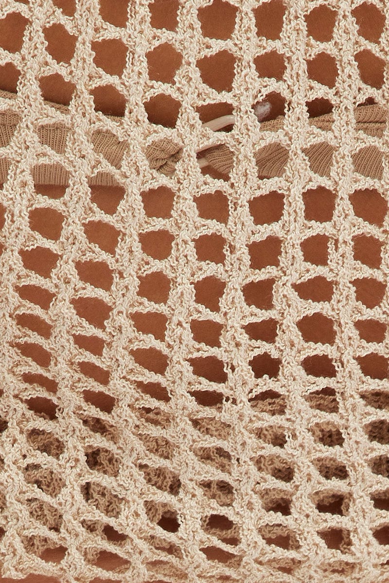 Beige Crochet Knit Top Long Sleeve Square Neck