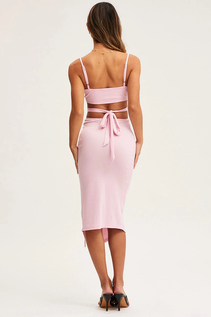 Pink Midi Dress Ribbed Cut Out