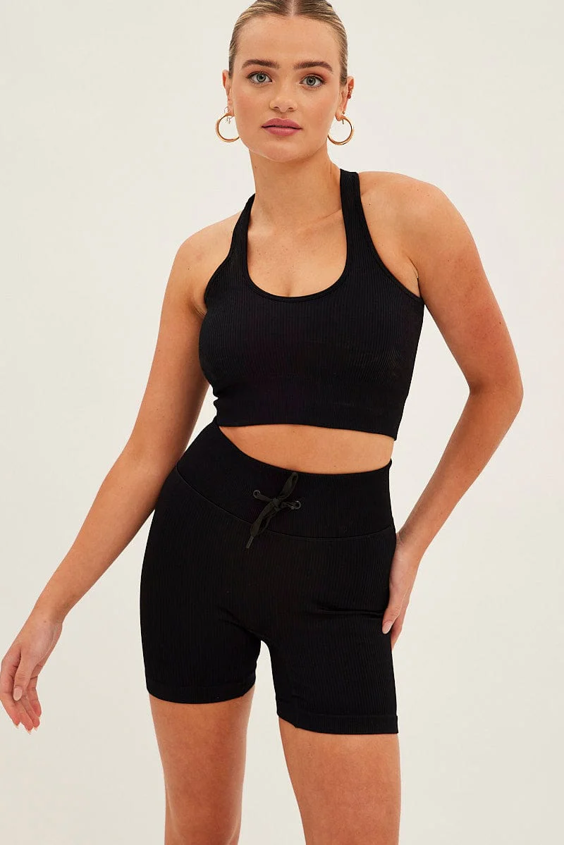 Black Seamless Halter Top And Bike Shorts Activewear Set