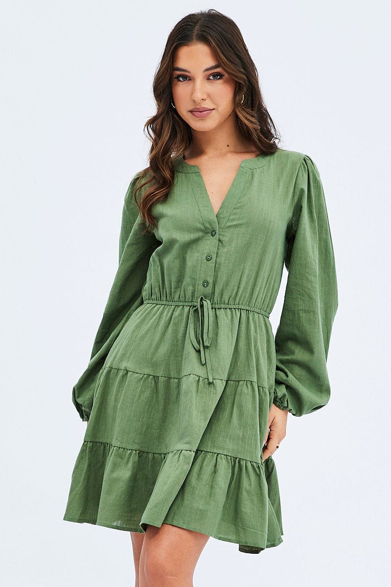 Green Shirt Dress Long Sleeve Tiered