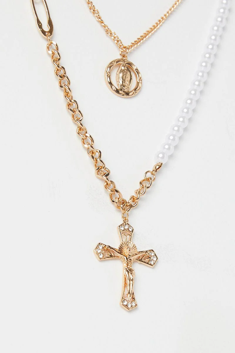 Gold Cross Charm Layered Necklace