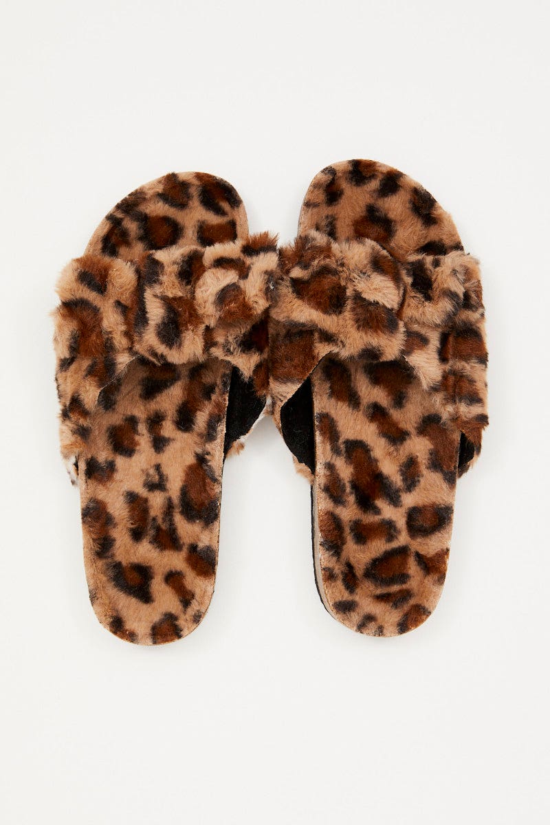 Print Plush Faux Fur Leopard Bow Detail Slippers