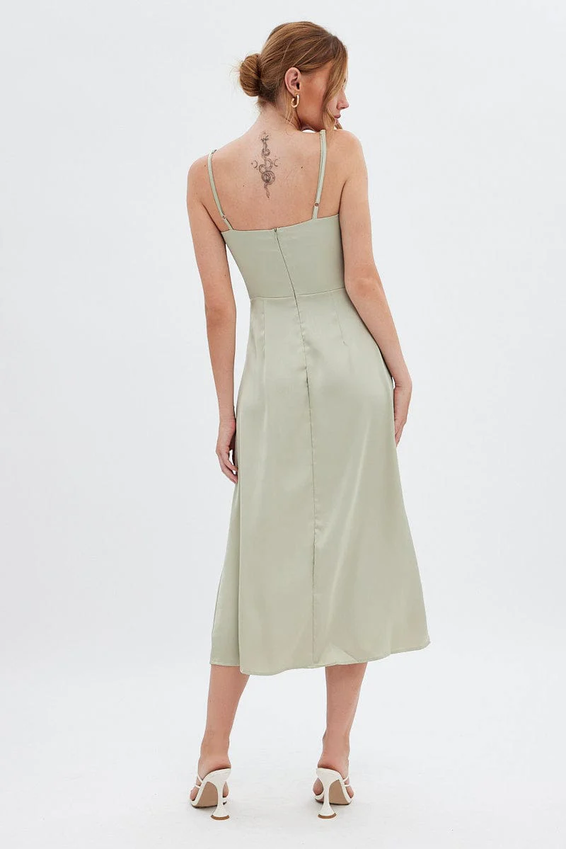 Green Midi Dress Cowl Neck Satin