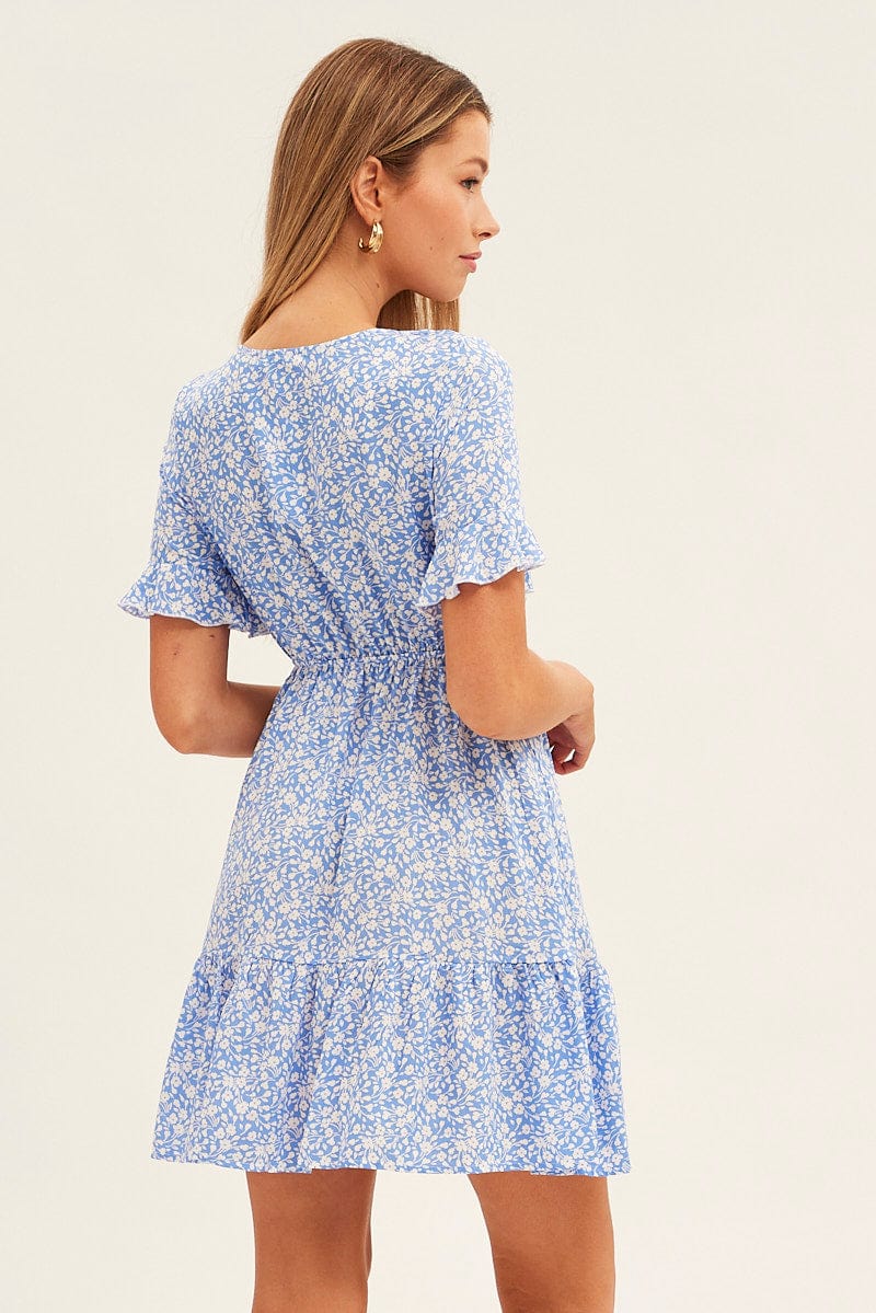 Blue Floral Tie Front Mini Skater Dress