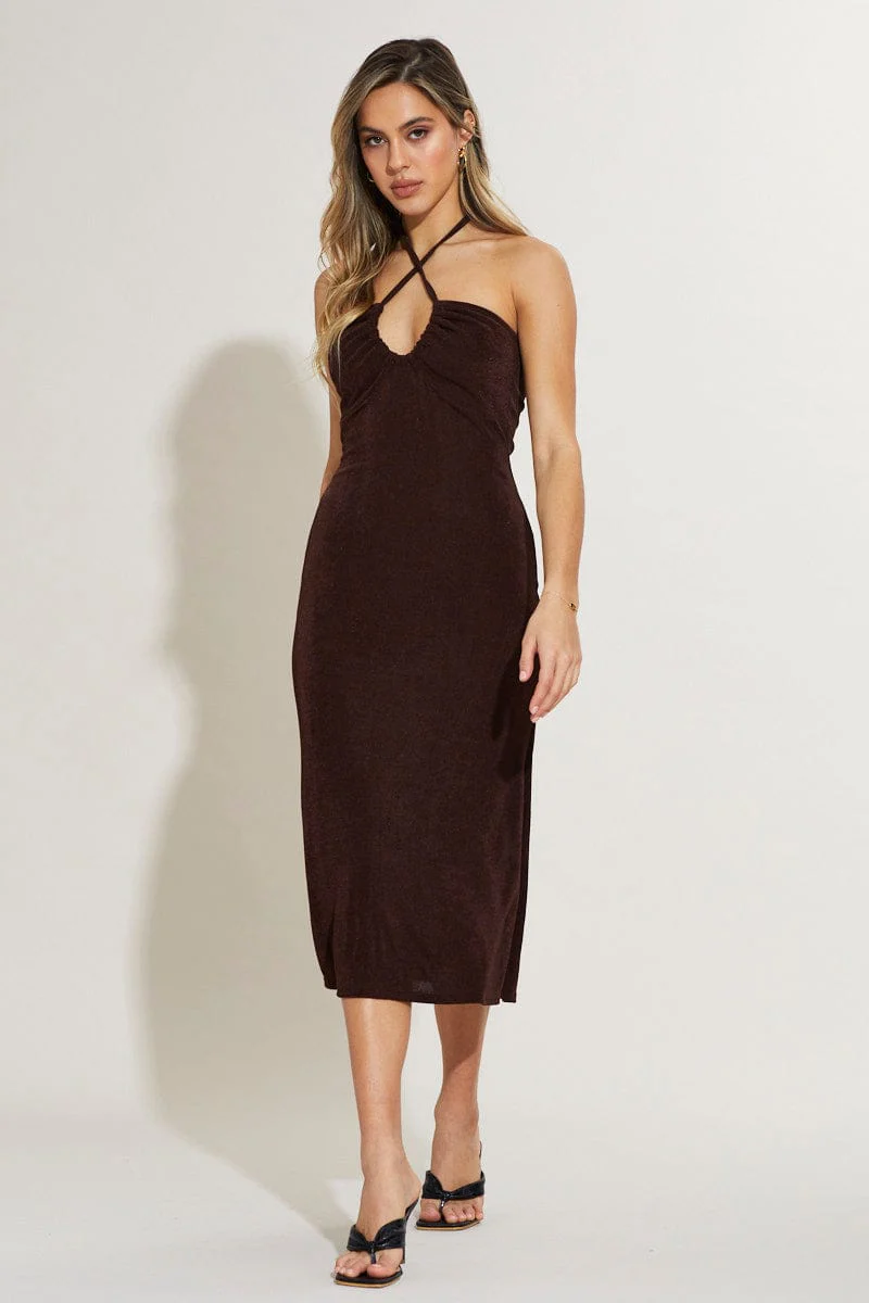 Brown Midi Dress Keyhole
