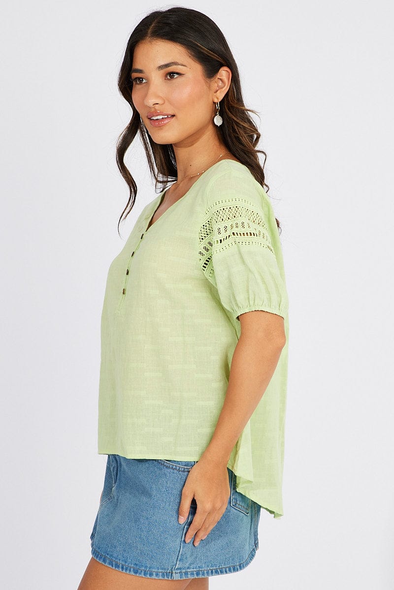 Green Top lace details sleeve texture cotton