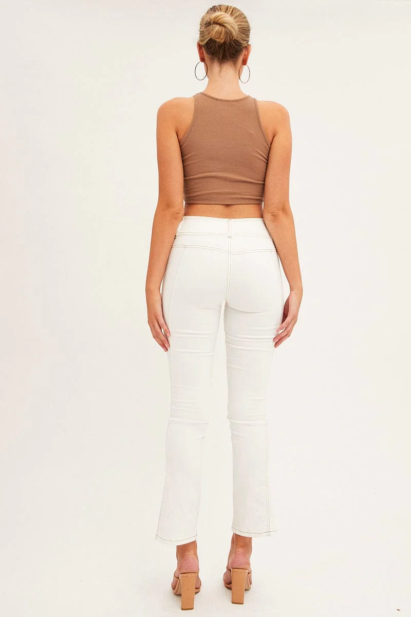 White Low Waist Belted Flared Jeans