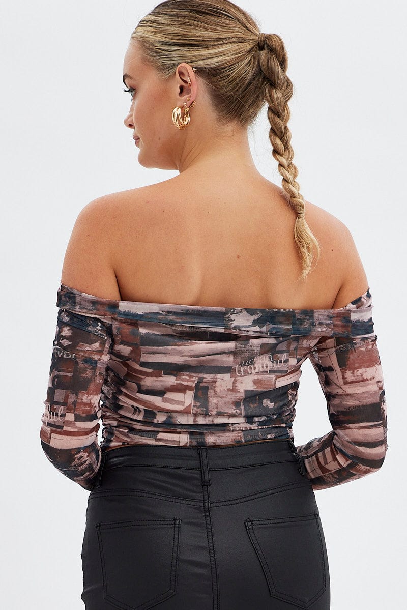 Brown Print Bardot Top Long Sleeve Off Shoulder Mesh Crop