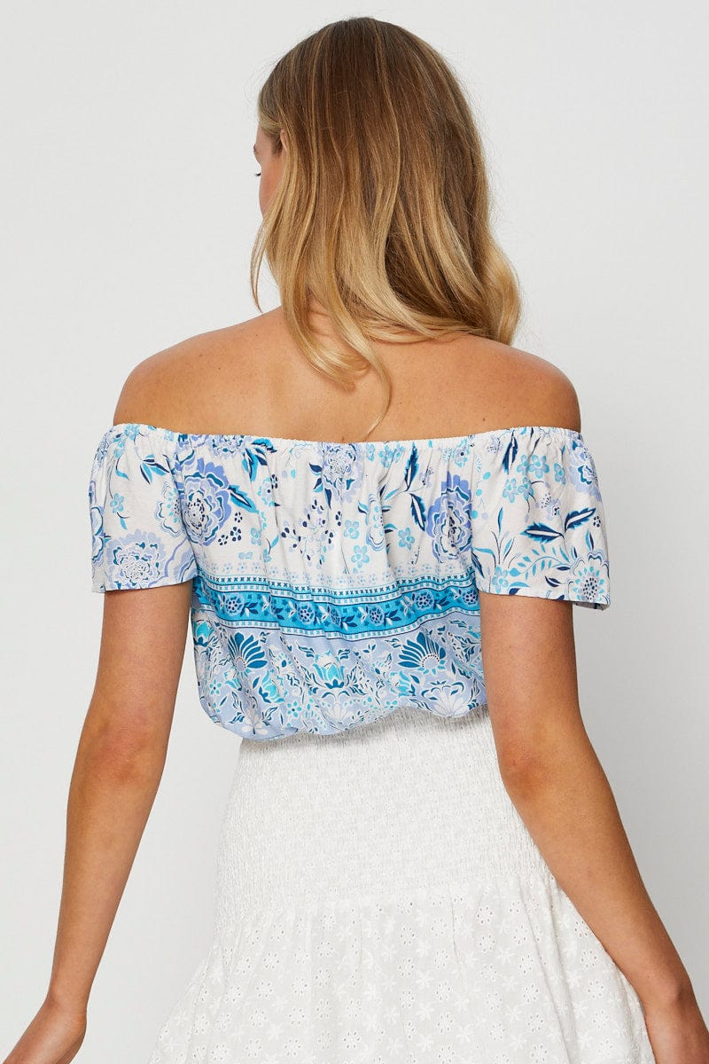 Boho Print Wrap Top Off Shoulder Tie Up Crop