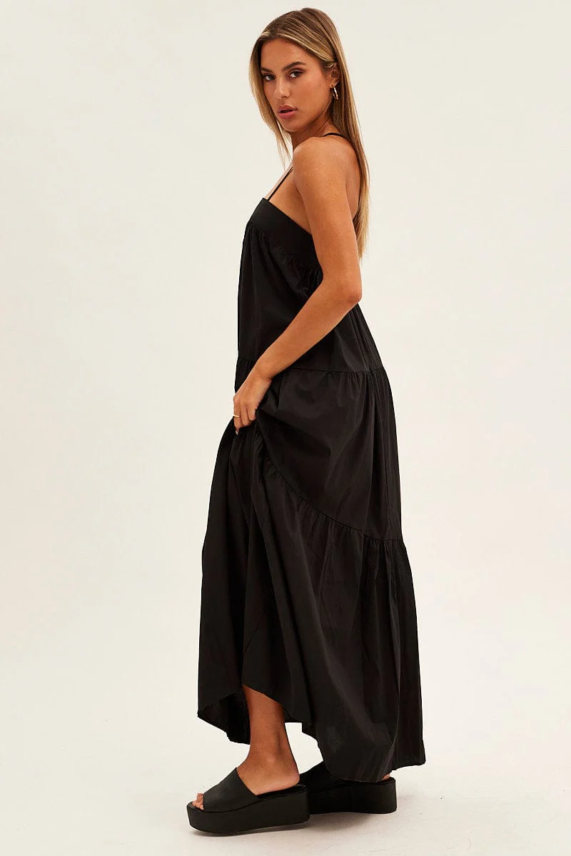 Black Midi Dress Sleeveless Square Neck Poplin