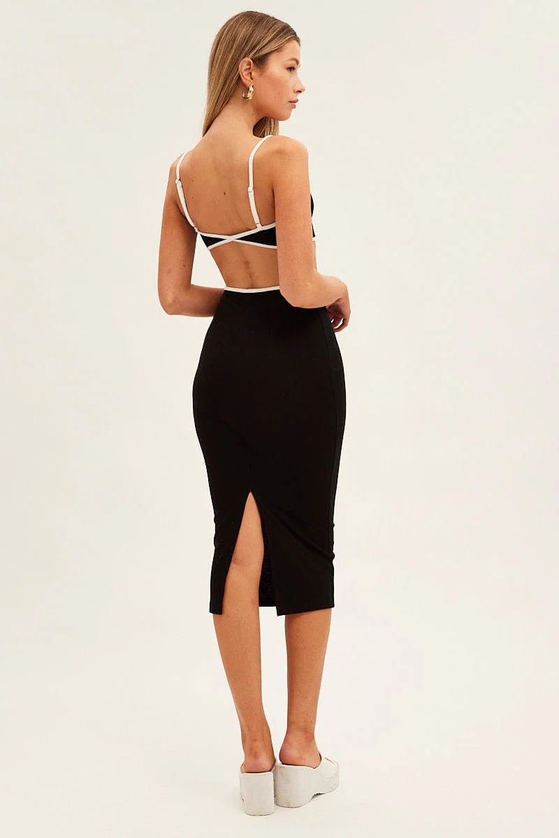 Black Midi Dress Adjustable Straps Cut Out Jersey Rib