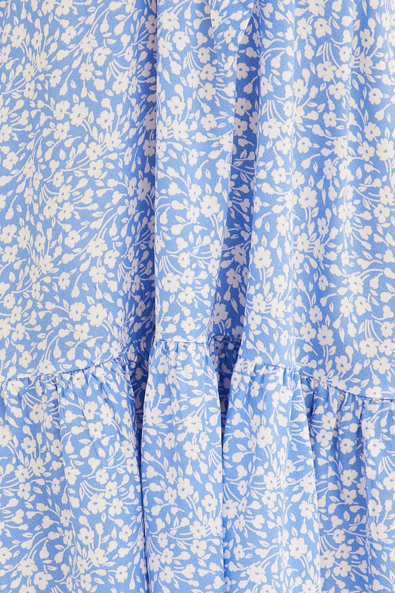 Blue Floral Tie Front Mini Skater Dress