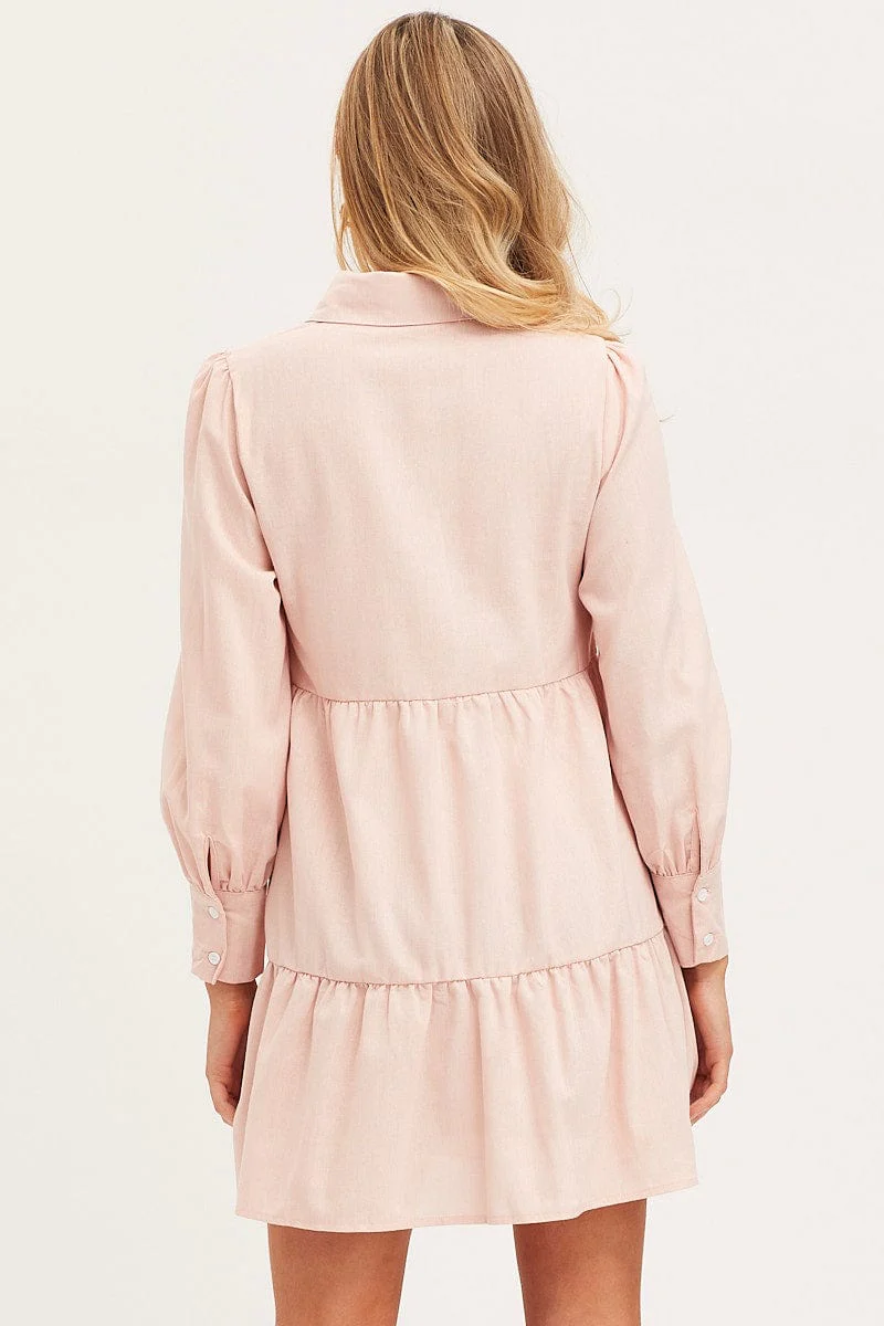 Pink Shirt Dress Long Sleeve Button Front