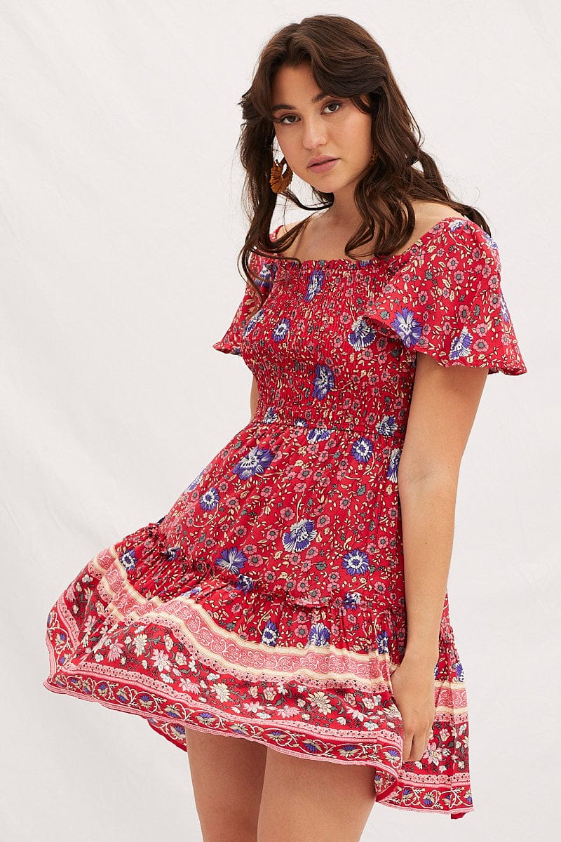 Boho Print Square Neck Short Sleeve Skater Dress