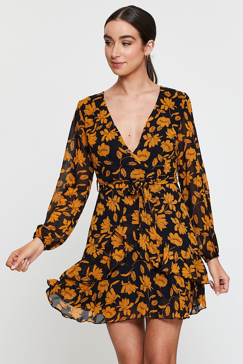 Print Mini Dress Long Sleeve Evening