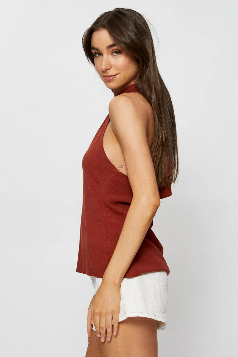 Brown Halter Top Sleeveless Tie Up