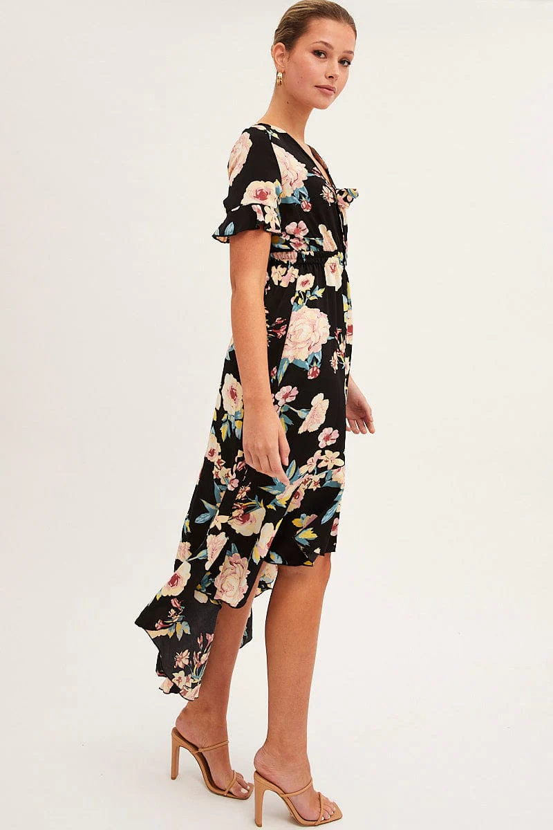 Black Floral Tie Front Floral Midi Dress