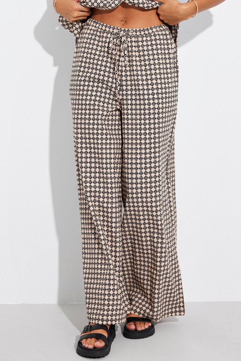 Brown Geo Wide Leg Pants Mid Rise