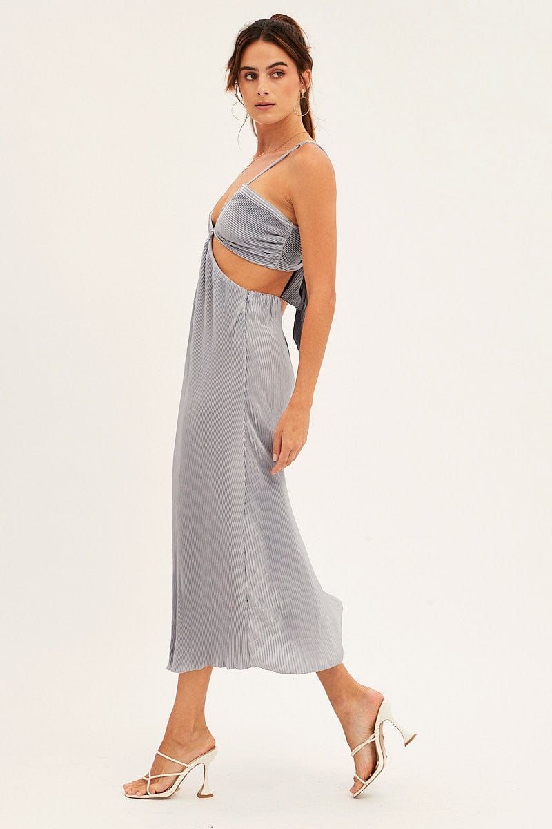 Blue Plisse Midi Dress Tie Back