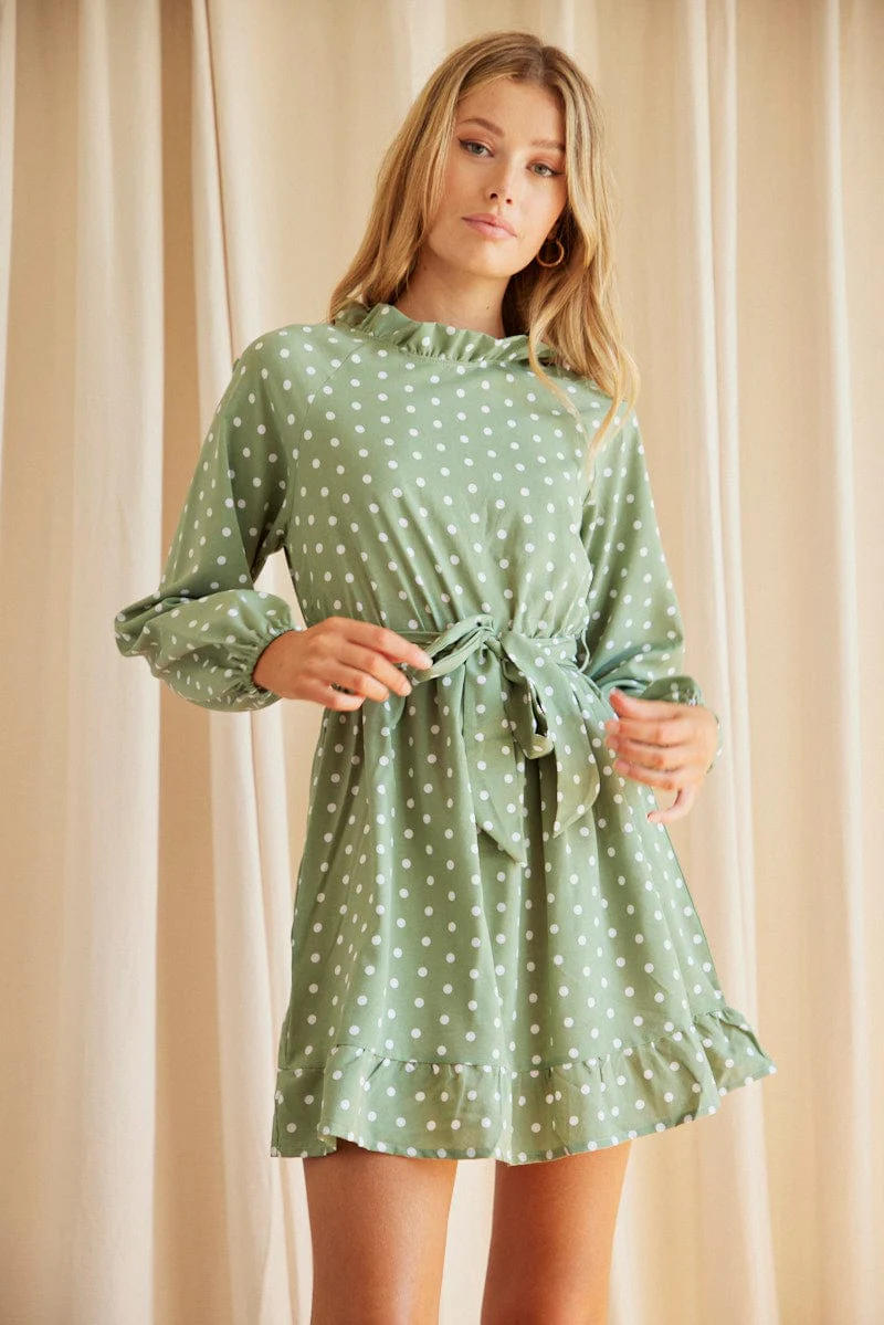 Polka Dot Mini Dress Long Sleeve