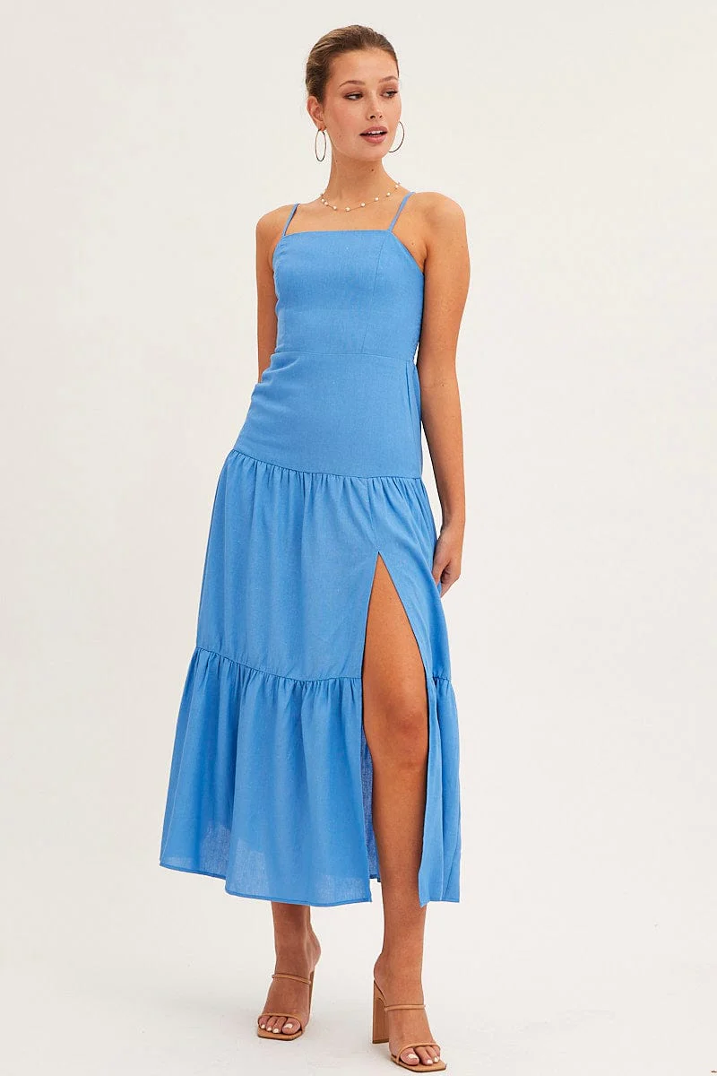 Blue Maxi Dress Sleeveless Square Neck Linen Blend