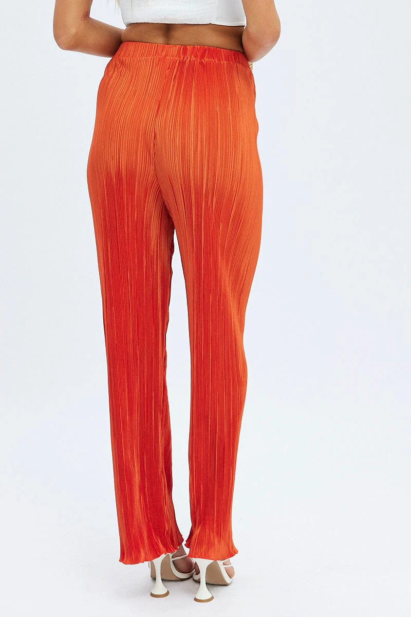 Orange Plisse Pants Wide Leg High Rise