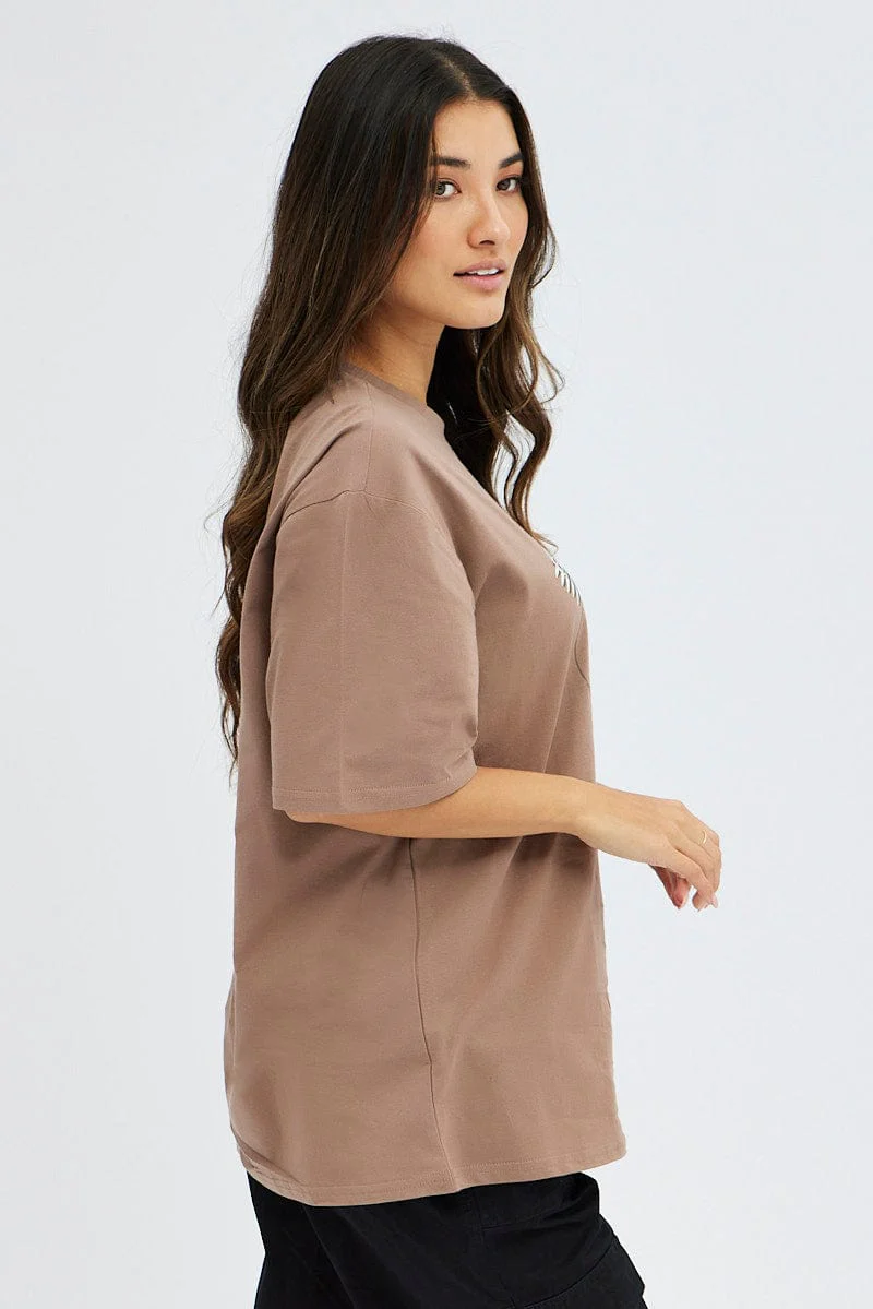 Brown T Shirt Short Sleeve Crew Neck Oversized Eagle